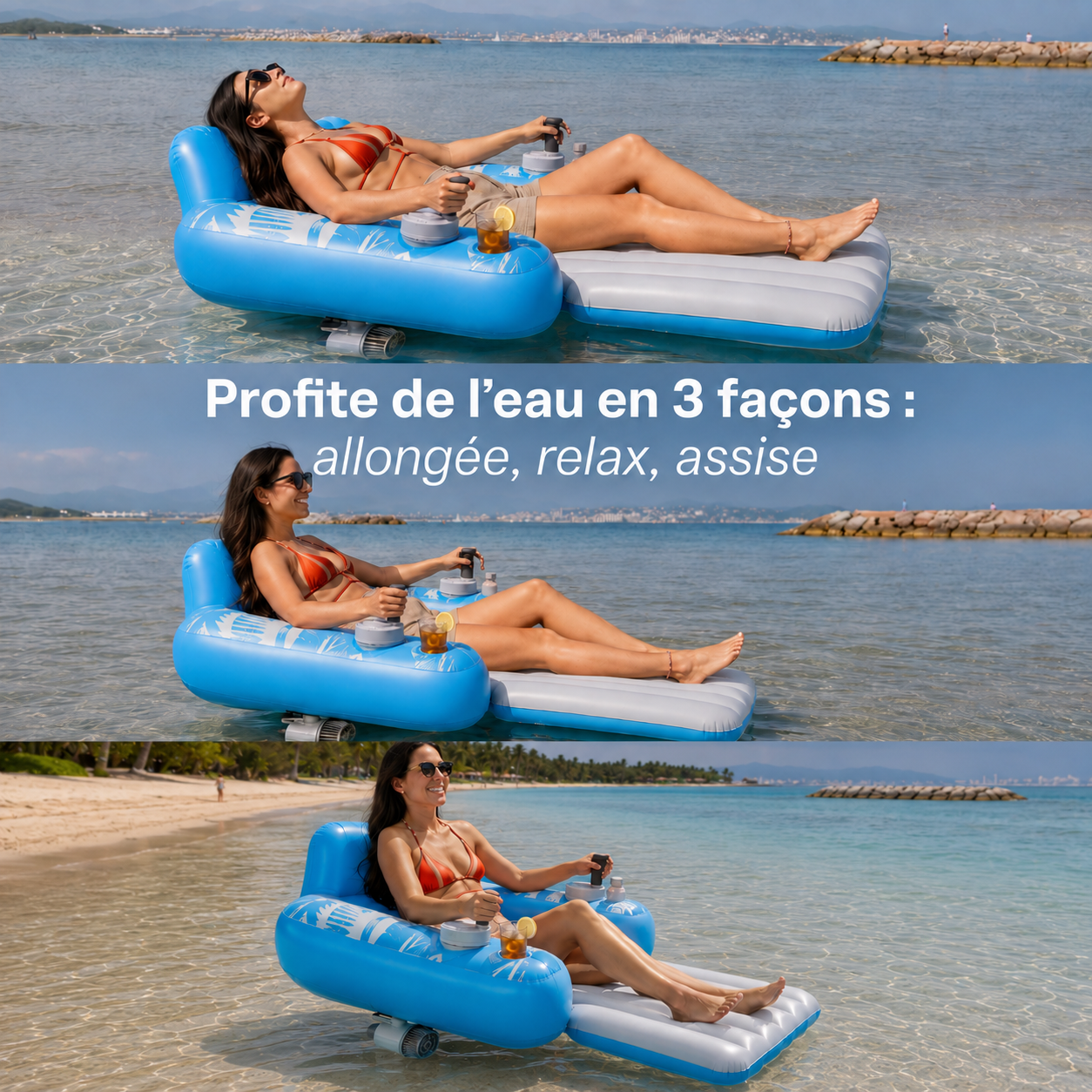 Bouée motorisée électrique utilisée en positions allongée, relax et assise